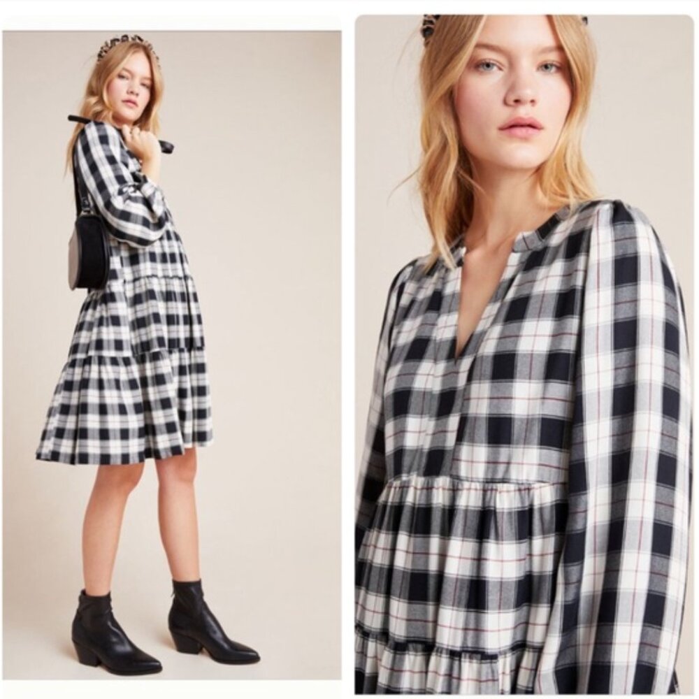 Anthropologie Maeve Amber Plaid Tiered Tunic Mini Dress Black White Women’s XS